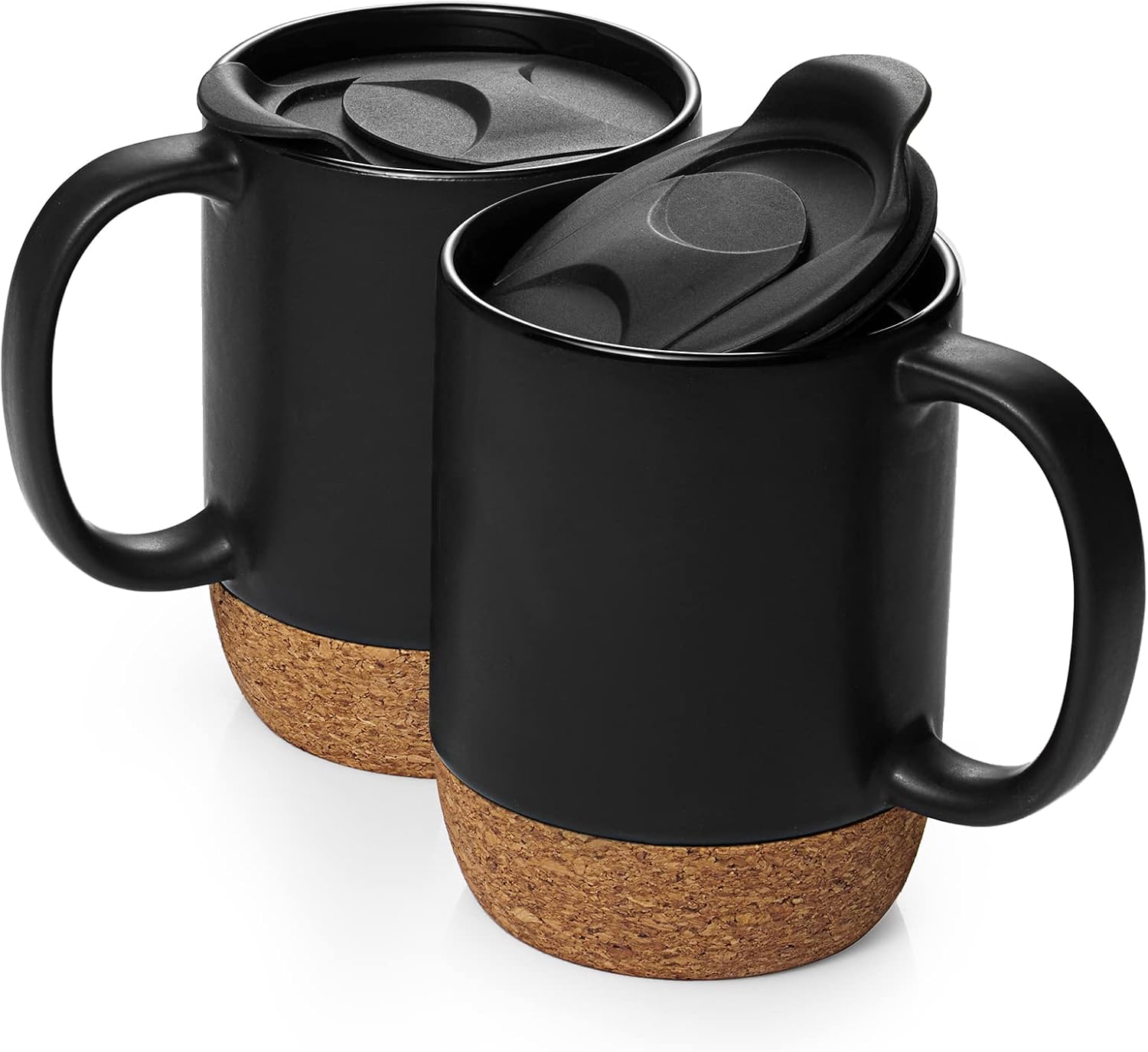 Matte Grey Ceramic Coffee Mug Set – 15 oz with Cork Base & Lid, Set of 2