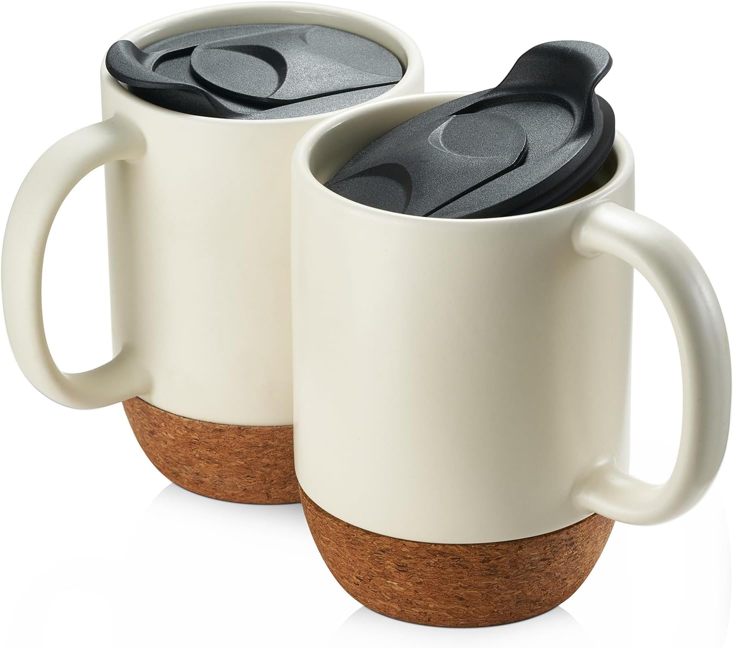 Matte Grey Ceramic Coffee Mug Set – 15 oz with Cork Base & Lid, Set of 2