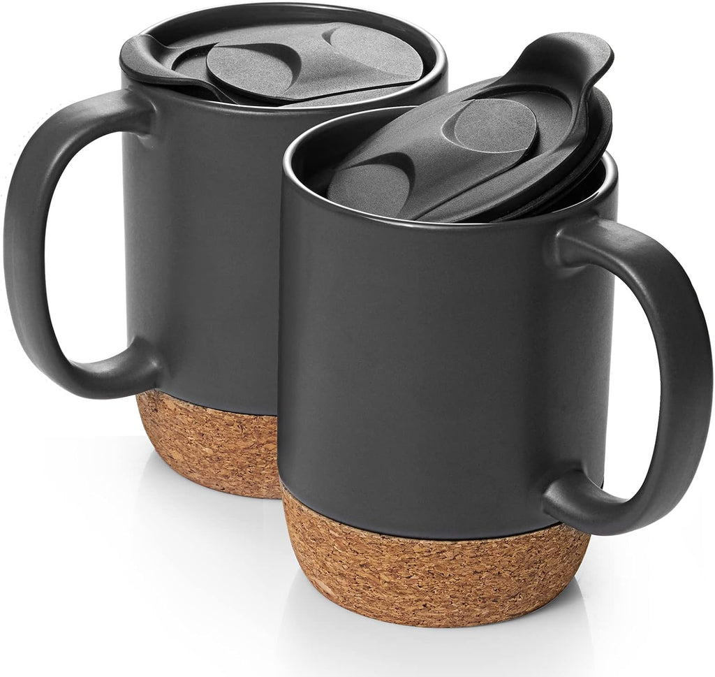 Matte Grey Ceramic Coffee Mug Set – 15 oz with Cork Base & Lid, Set of 2