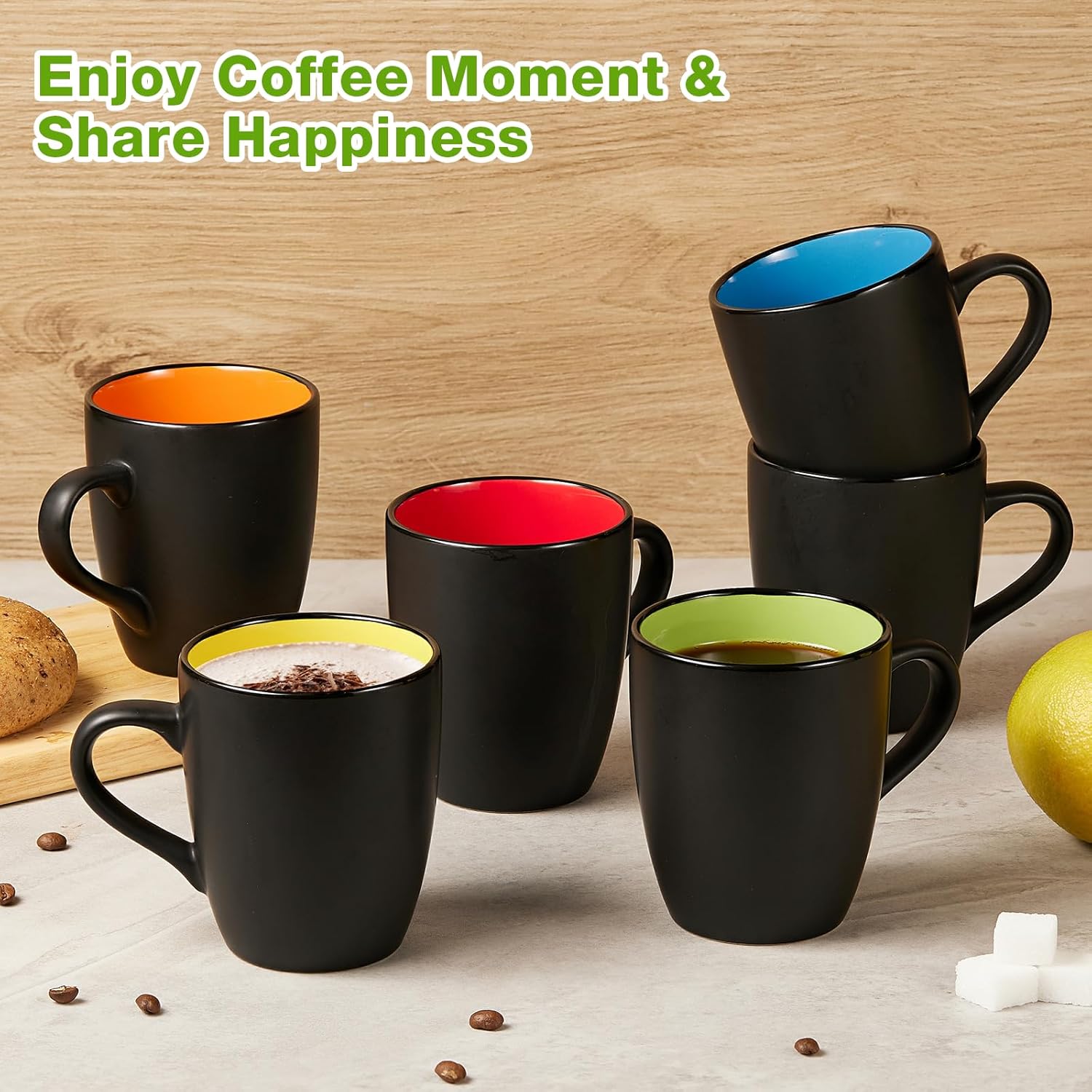 Matte Black Porcelain Coffee Mug Set – 12 oz, Set of 6