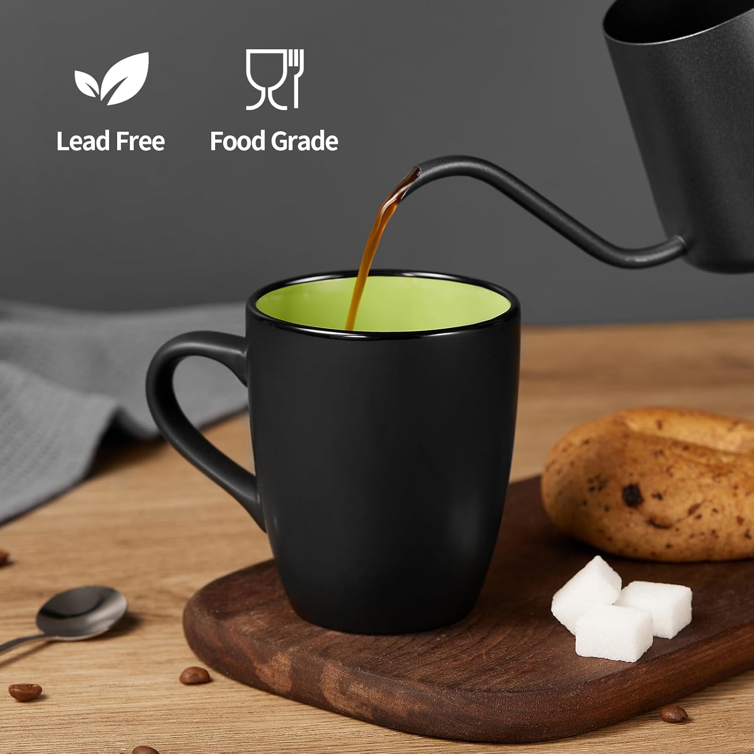 Matte Black Porcelain Coffee Mug Set – 12 oz, Set of 6
