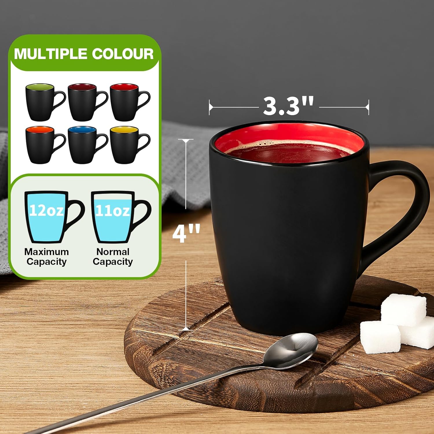 Matte Black Porcelain Coffee Mug Set – 12 oz, Set of 6