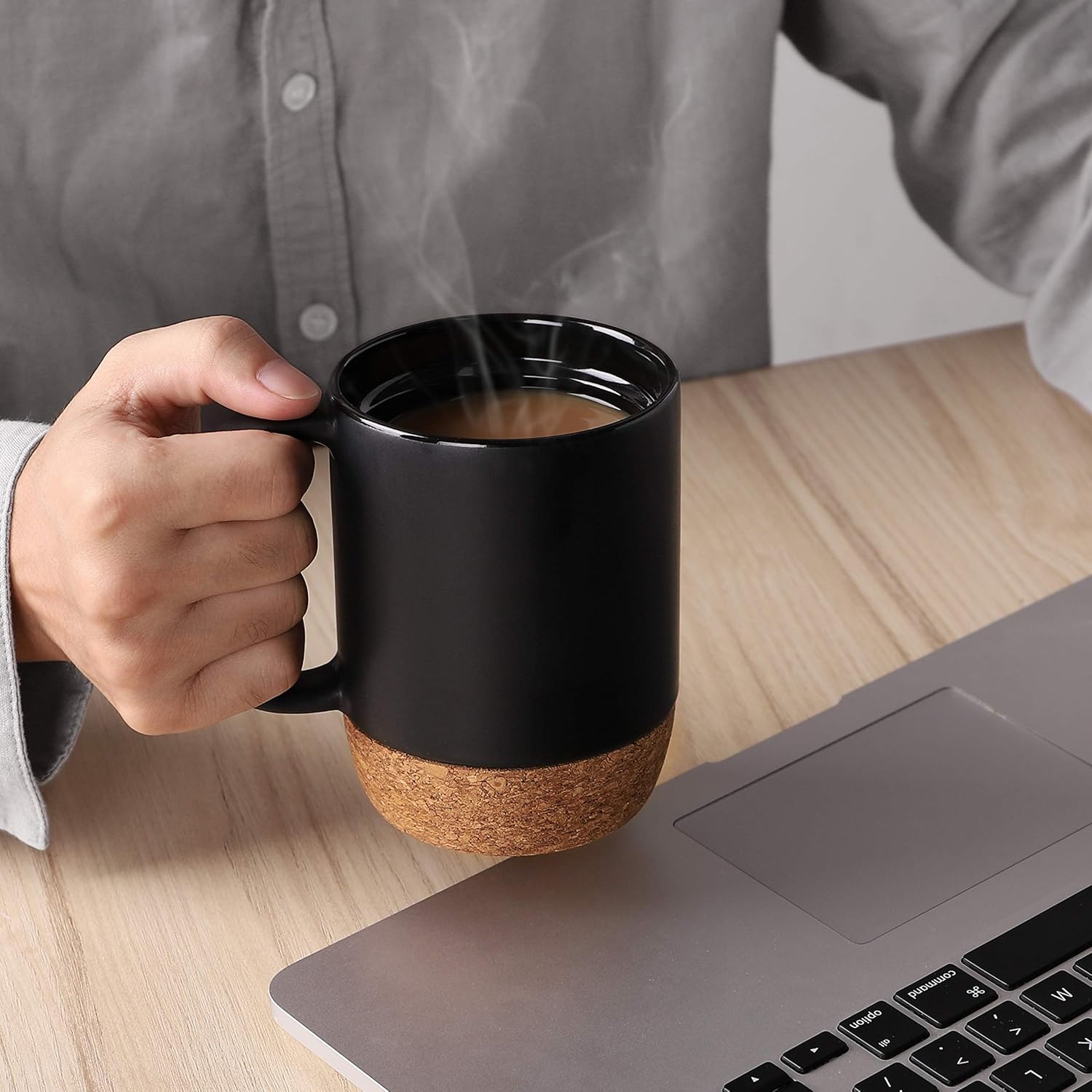 Matte Grey Ceramic Coffee Mug Set – 15 oz with Cork Base & Lid, Set of 2